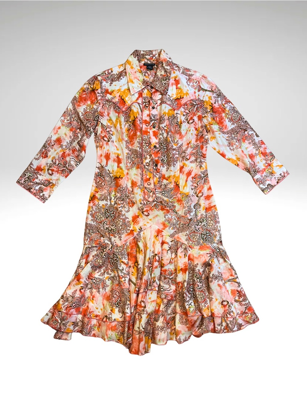 Women's 100% Silk Floral Paisley Button-Front Midi Dress in Orange and Brown